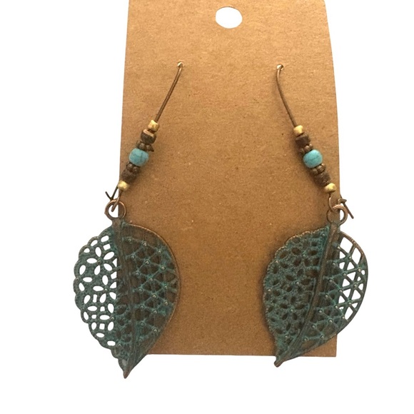Patina Leaf Dangle Earrings with Stones - Picture 2 of 3